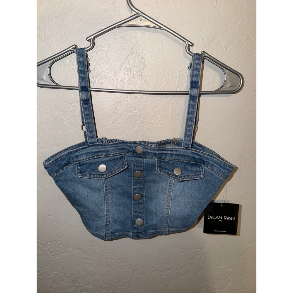 Dylan Ryan NYC Denim Corset Crop Top Medium Wash Button Down Smocked Back M NEW